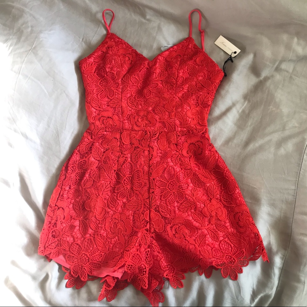 Red Lace Lovers & Friends romper with pockets